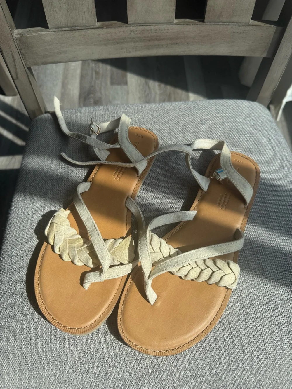 Toms Braided Strap Ankle Tie Sandals in Cream and Tan